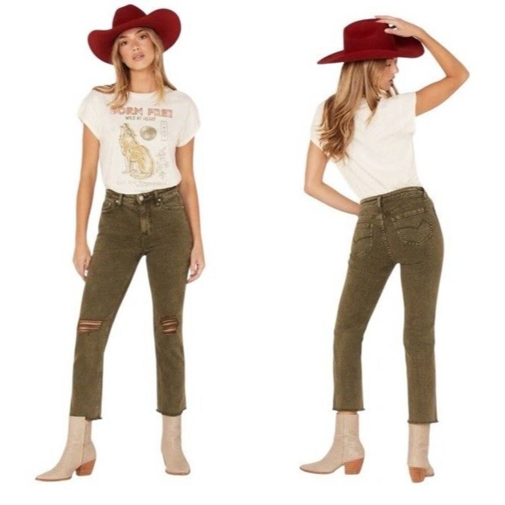 Cleo + Wolf Womens Green Distressed High Rise Straight Leg Raw Hem Jeans Size 29
